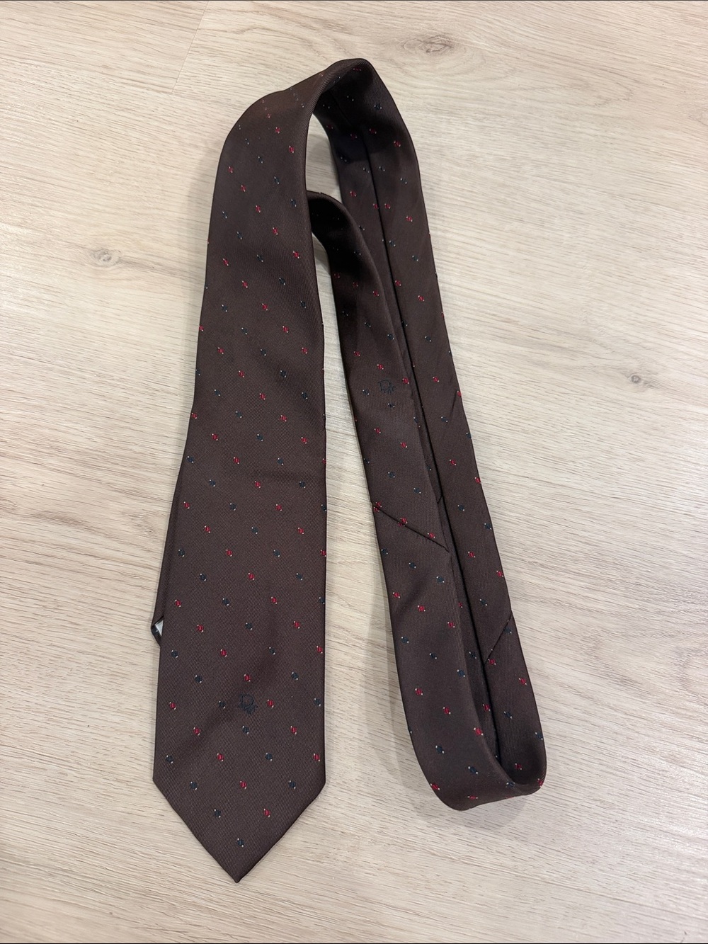 Christian Dior Brown Men's Silk Tie with Red & Blue Microdots
